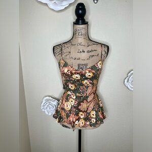 Lily White Spaghetti Straps Open Back Green Floral Peplum Tank Top Sz M